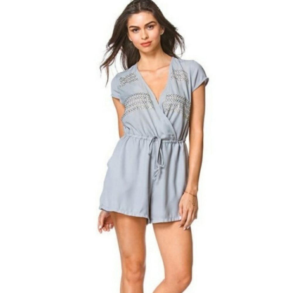 Gray Short Sleeve Studded Romper